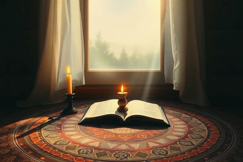 Serene ritual space with candle, crystal, and journal at dawn