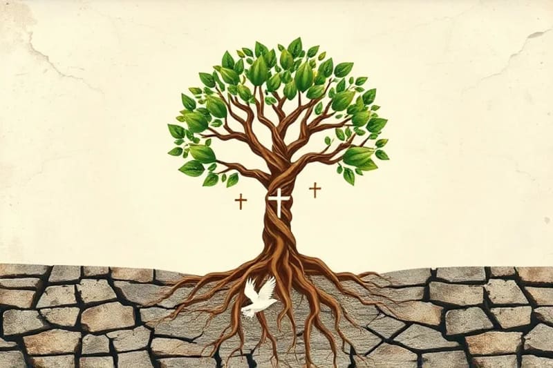 Raíces entrelazadas que crecen de un pavimento romano agrietado, transformándose en un árbol de vida con símbolos cristianos, representando el legado espiritual.