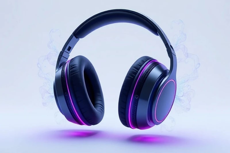 Auriculares de alta fidelidad con ondas sonoras abstractas que emanan, simbolizando la transmisión de frecuencias para la optimización cerebral.