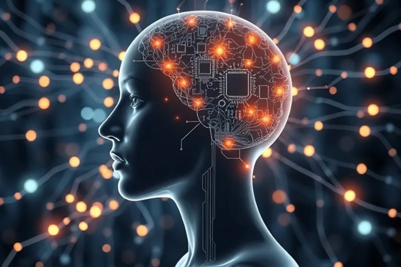 Representación futurista de una persona con dispositivos auditivos avanzados, rodeada de un holograma de ondas cerebrales y datos, simbolizando la personalización del biohacking auditivo.