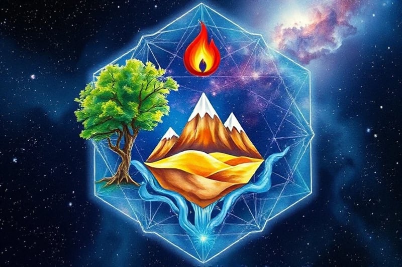 Watercolor painting depicting the Five Elements: Wood, Fire, Earth, Metal, Water, interconnected in a flowing composition.