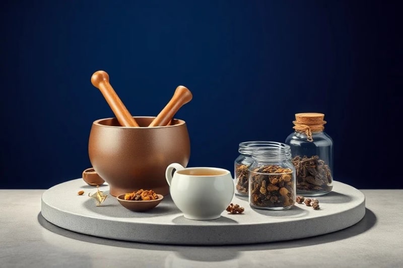 3D render of ancient Chinese medicinal tools like a mortar and pestle, tea set, and dried herbs, symbolizing longevity and healing.