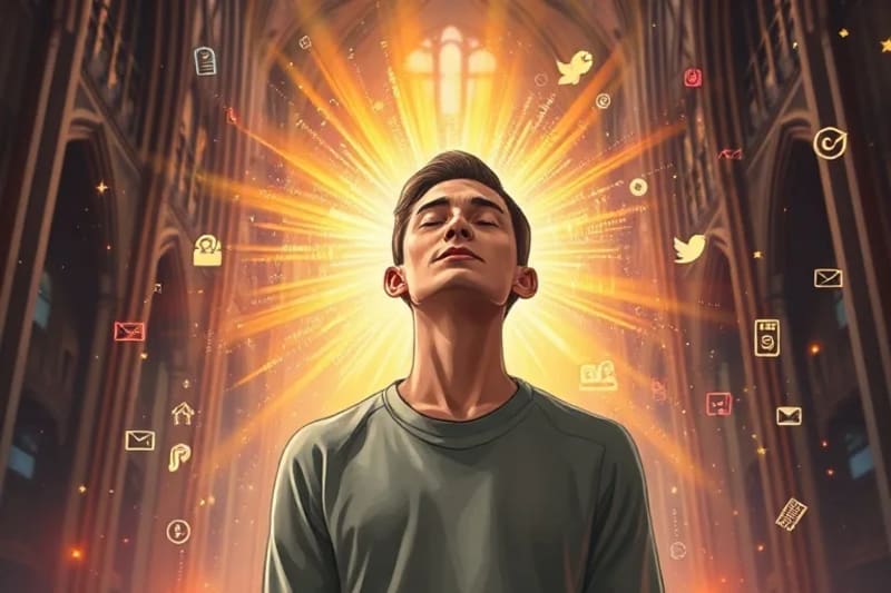 Persona meditando en un vórtice digital de iconos y símbolos espirituales