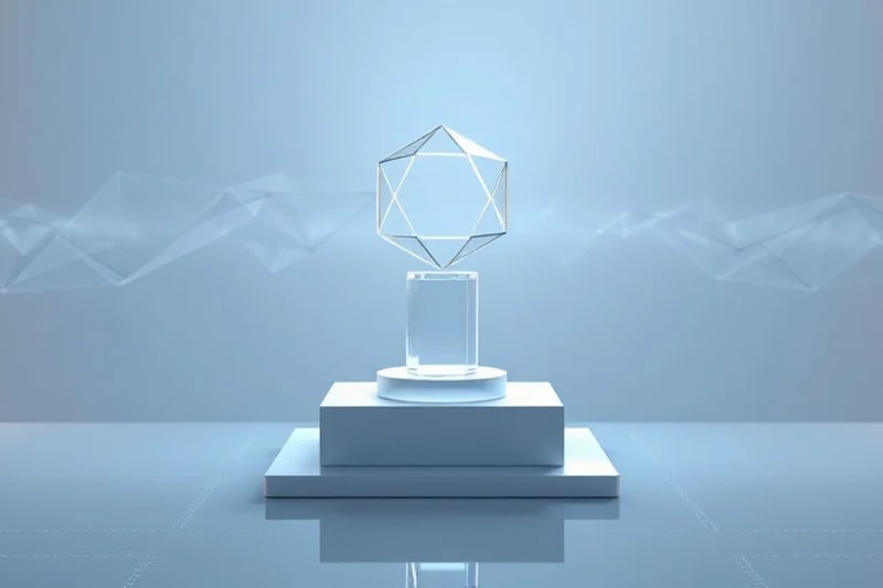 3D render of a balanced geometric sculpture representing rational decision-making in a digital network