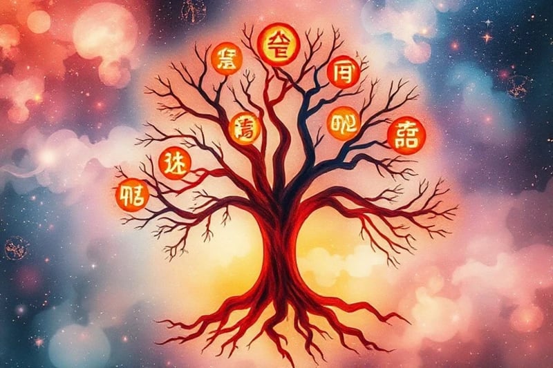 Pintura acuarela de los cinco elementos entrelazados en un árbol familiar