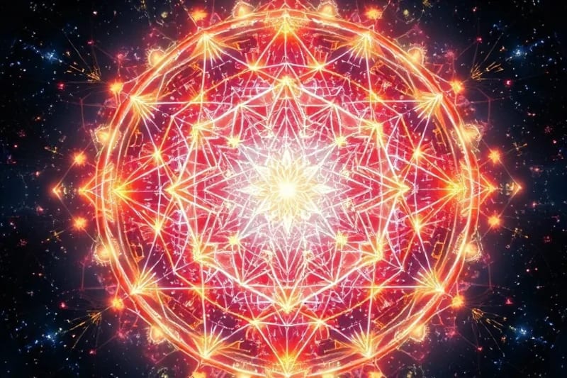 Matriz de cristal abstracta con símbolos kármicos y astrológicos