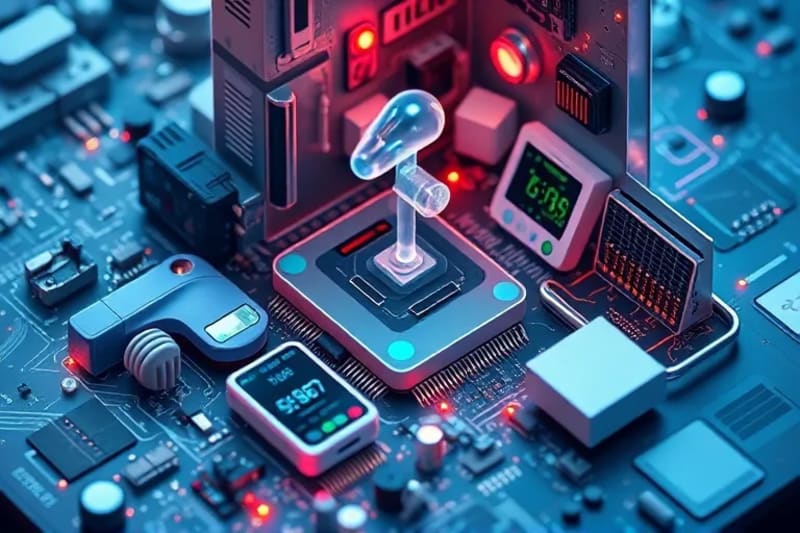 Ilustración isométrica de un hogar inteligente con dispositivos IoT de salud integrados