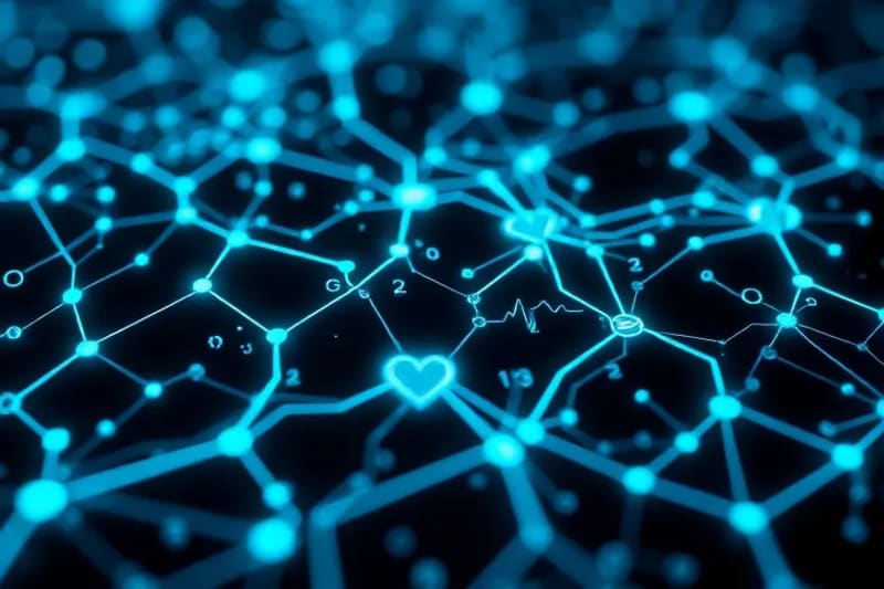 Visualización abstracta de una red de datos de salud con nodos y conexiones brillantes