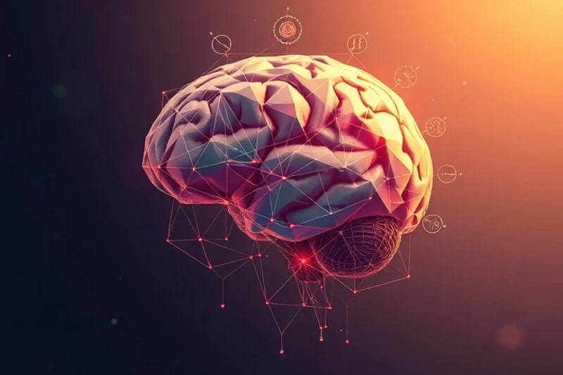 Representación digital de un cerebro humano conectado a símbolos planetarios abstractos.