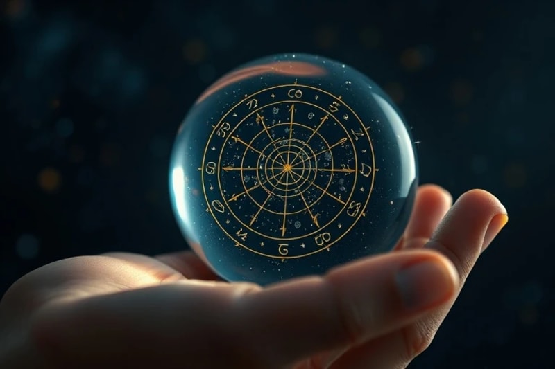 Mano sosteniendo una esfera de cristal que refleja una carta astrológica dinámica.