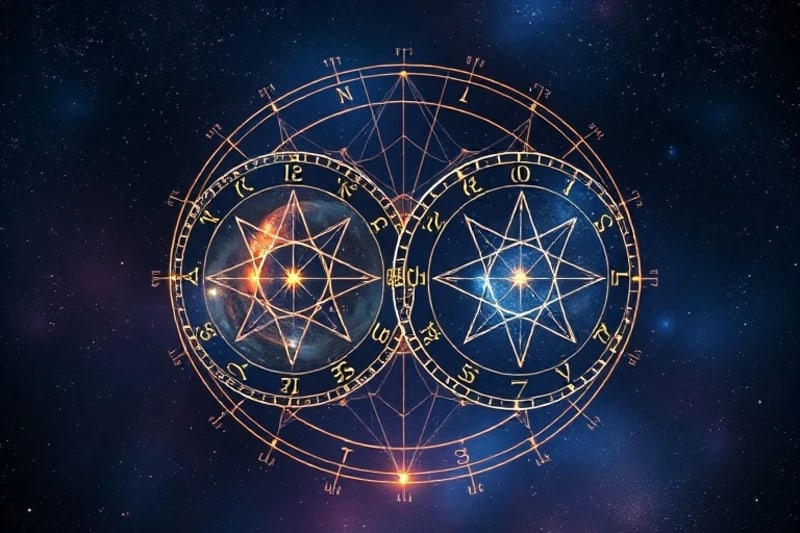 Two astrological birth charts intertwined with light threads