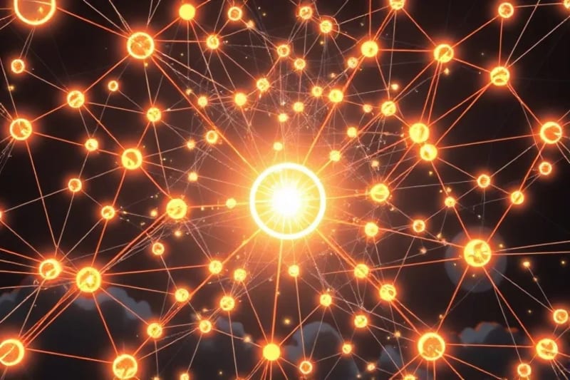 Abstract 3D render of interconnected nodes and lines with pulsating centers