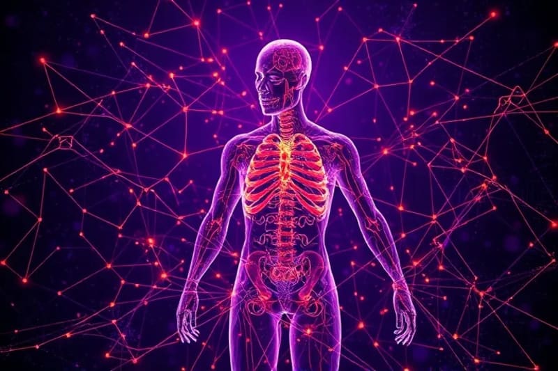 Redes neuronales conectando al sistema muscular humano