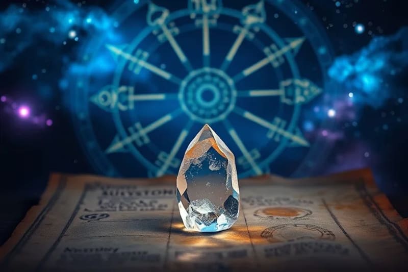 Carta astral iluminada con cristales de cuarzo