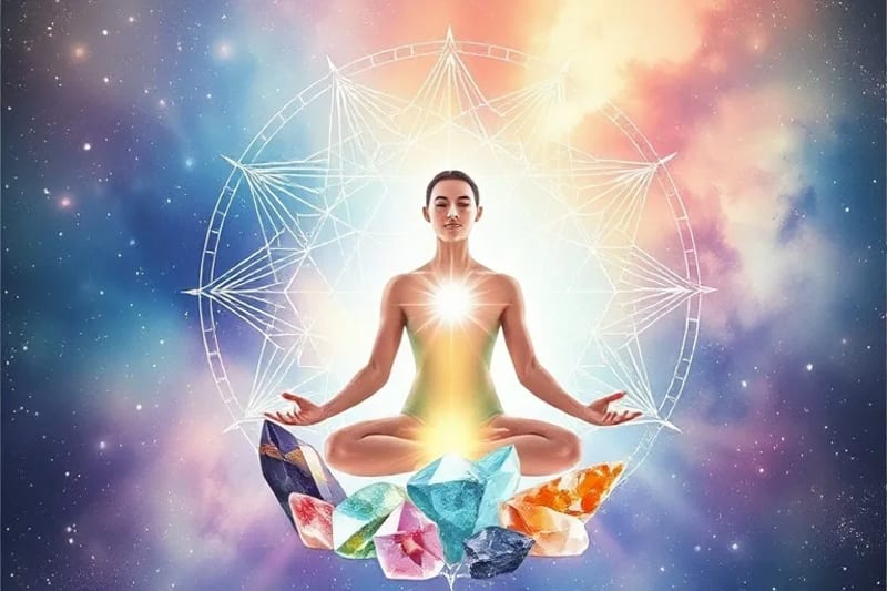 Person meditating with various healing crystals around their body