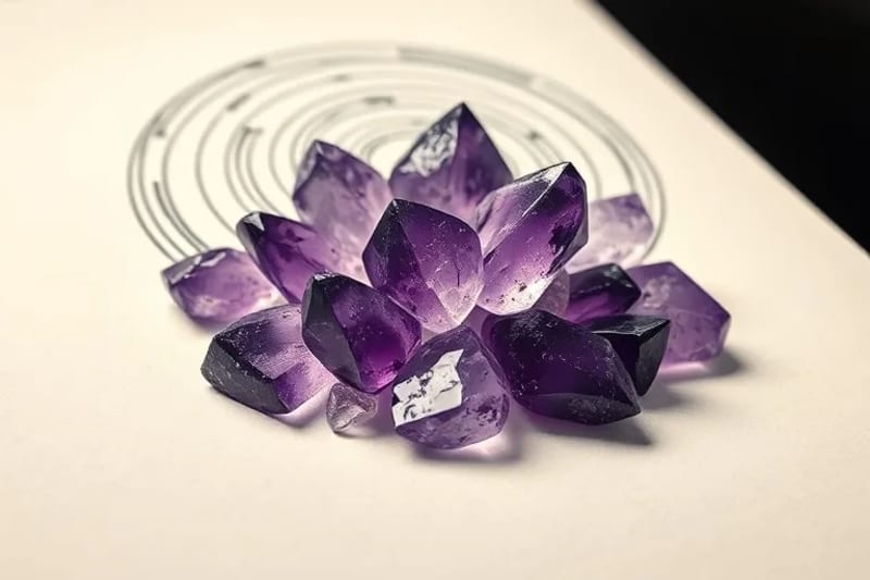 Close-up of raw amethyst crystals with abstract Jupiter patterns