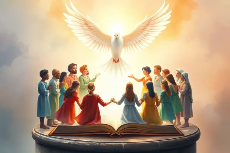 Pintura acuarela de personas de diversas culturas unidas en un círculo, con una paloma de la paz y una silueta angelical protectora sobre ellas.