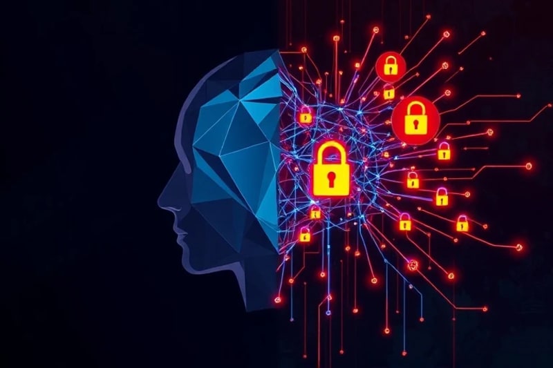 Silueta de cabeza humana fragmentada con flujos de datos, representando la dualidad de mejora y riesgo en el neurohacking.