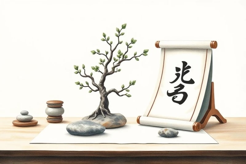 Escritorio armonioso con planta y piedras