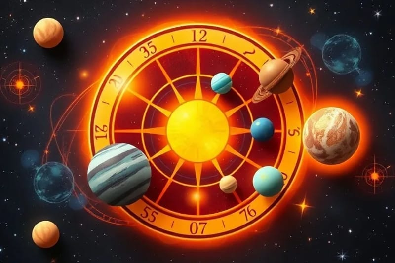 Digital art depicting stylized planets with varying auras, some strong and vibrant, others dim and struggling, representing planetary dignities.