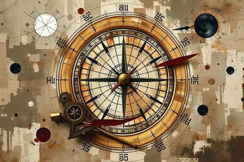 Abstract impressionist painting of an ancient astrological chart with subtle tools like a compass and astrolabe, symbolizing intricate chart analysis.
