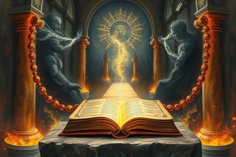 Rosario brillante actuando como escudo contra sombras abstractas, simbolizando la protección en la lucha espiritual.