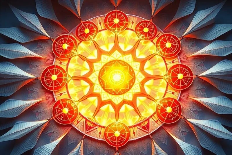Representación abstracta de la jerarquía de los nueve coros angélicos en esferas luminosas.