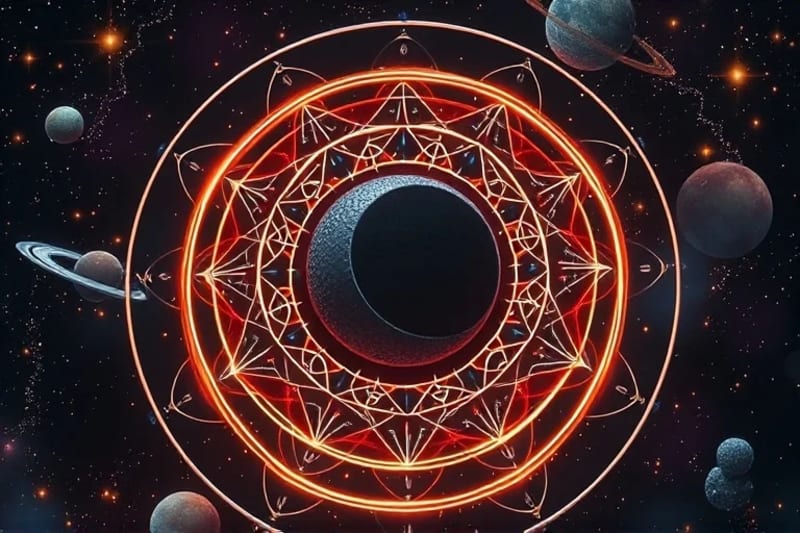 An intricate celestial mandala with planets orbiting a dark moon-like entity, interconnected by lines of light and shadow.