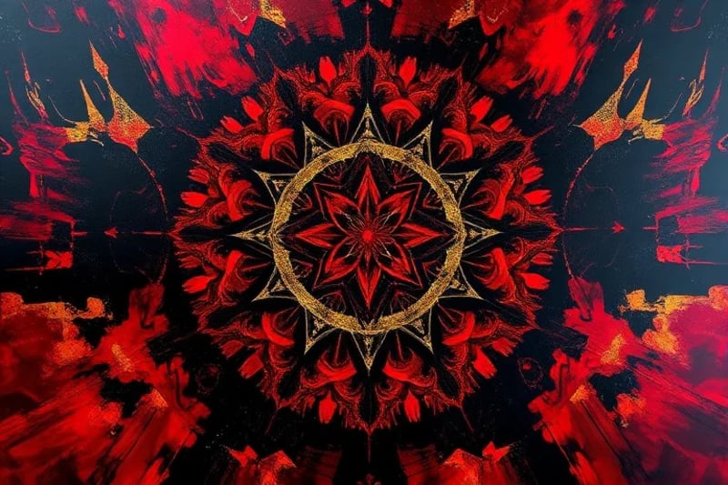 An abstract oil painting with bold brushstrokes in crimson, black, and gold, depicting an emergence from darkness into light.