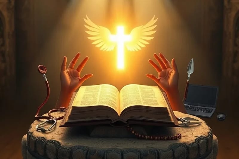 Manos extendidas hacia una luz etérea en forma de cruz o paloma, rodeadas de objetos simbólicos de diversas vocaciones como un estetoscopio, pincel, libro y rosario.