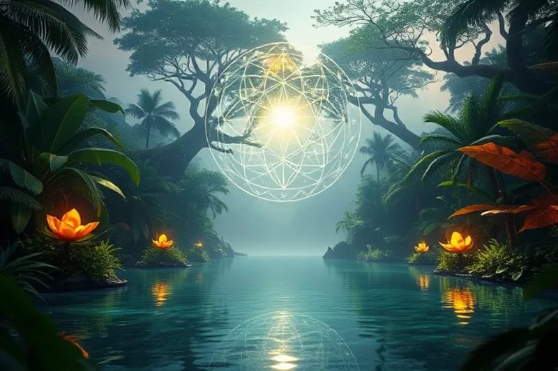 Paisaje etéreo de Lemuria con flora luminosa
