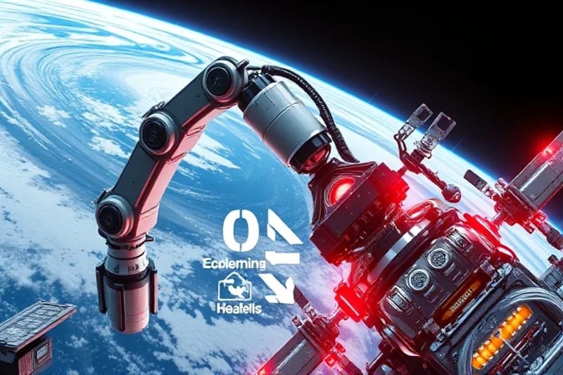 Brazo robótico espacial reparando un satélite con superposiciones de realidad aumentada