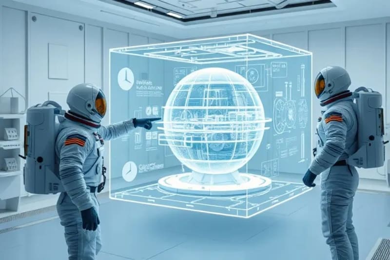 Grupo de astronautas interactuando con una proyección holográfica de una base lunar en un entorno de entrenamiento