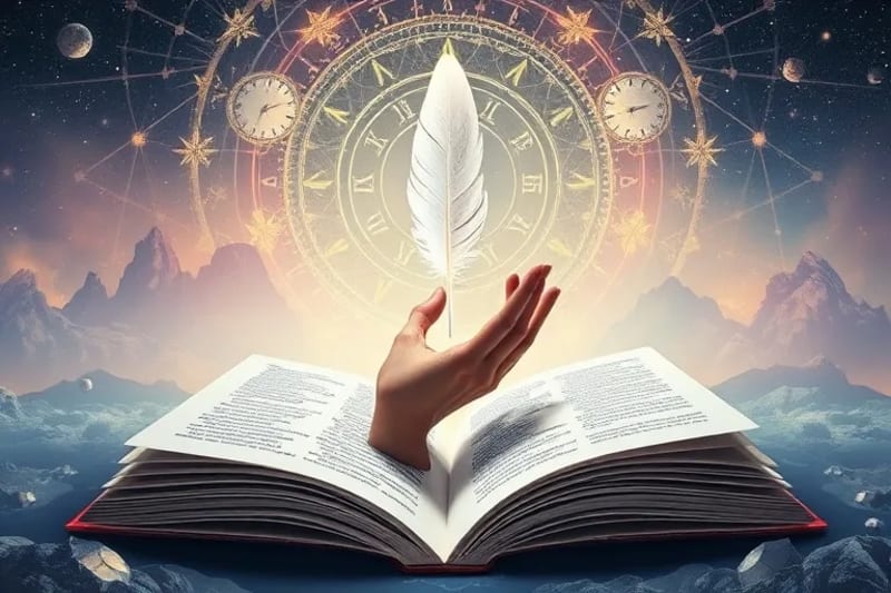 A hand touching a glowing feather emerging from a dream journal, symbolizing conscious dream control.