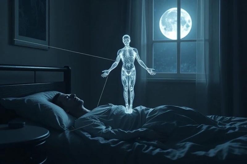 A translucent, shimmering human form rising from a sleeping body on a bed, connected by a silver cord.