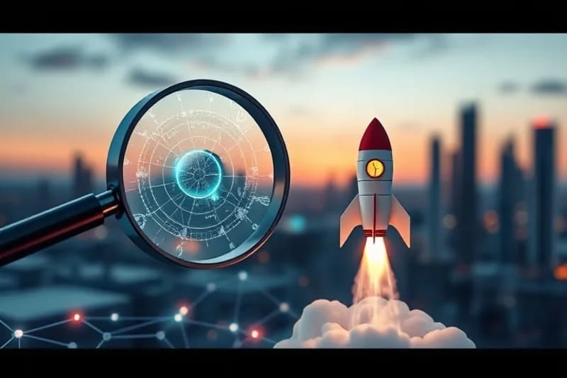 3D render of magnifying glass over network and rocket taking off for B2B expansion