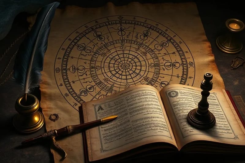 Oil painting of a celestial map with highlighted fixed stars and Arabic parts, ancient book, quill, inkwell