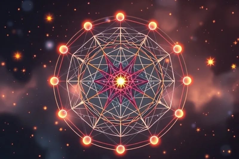 3D render of interconnected geometric patterns and energetic lines representing destiny points, glowing orbs, abstract cosmic background