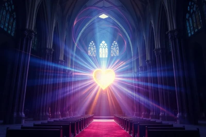 Corazón luminoso en un vórtice de luz, representando la oración del corazón y la unión divina.