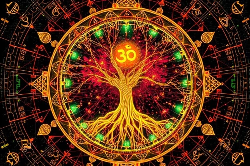Mandala digital con árbol de la vida y símbolos antiguos