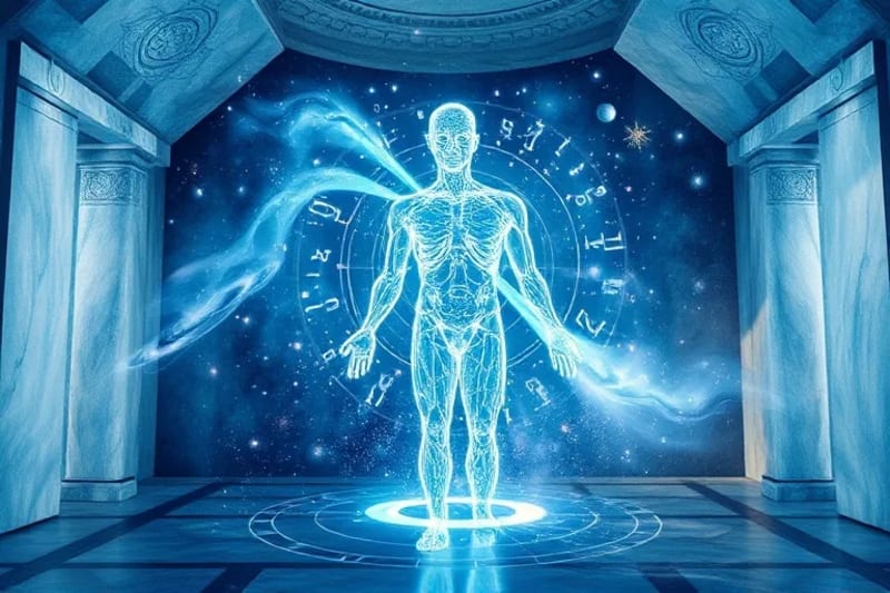 Proyección holográfica de cuerpo astral interactuando con interfaz de IA