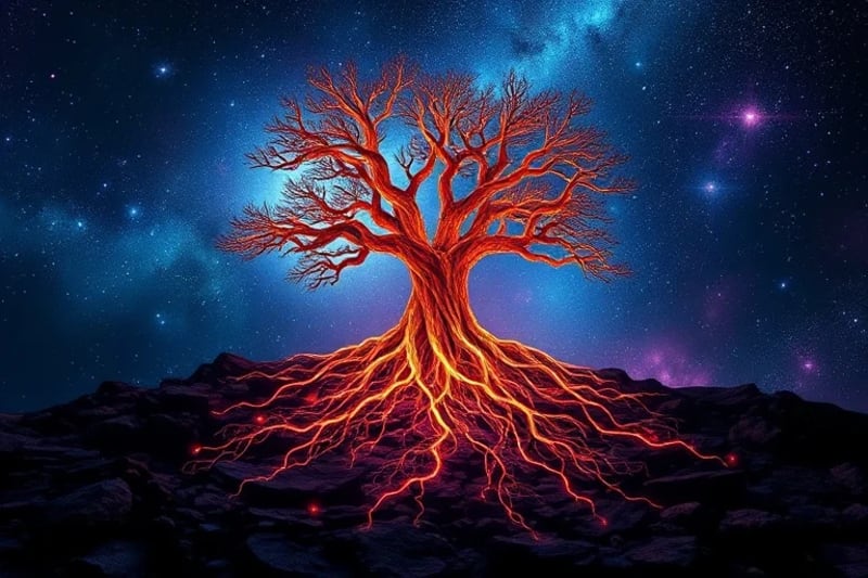 Intricate cosmic tree roots breaking through dark soil towards stars
