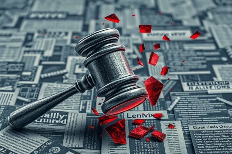 Fractured legal gavel over interwoven legal codes and digital lines, symbolizing legal fragmentation.
