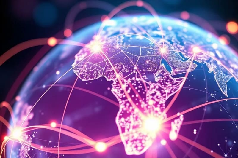 Intertwined glowing lines representing global data and legal frameworks over a translucent globe.