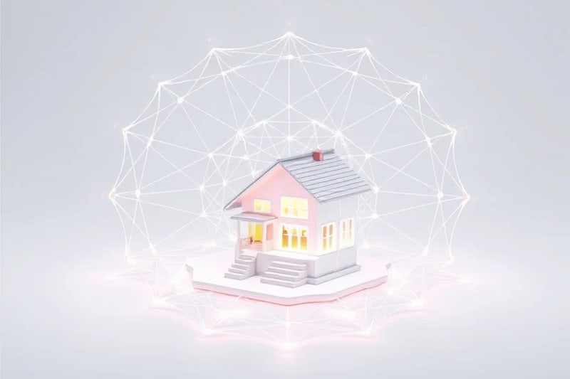 3D render of an intricate energy grid surrounding a stylized building model