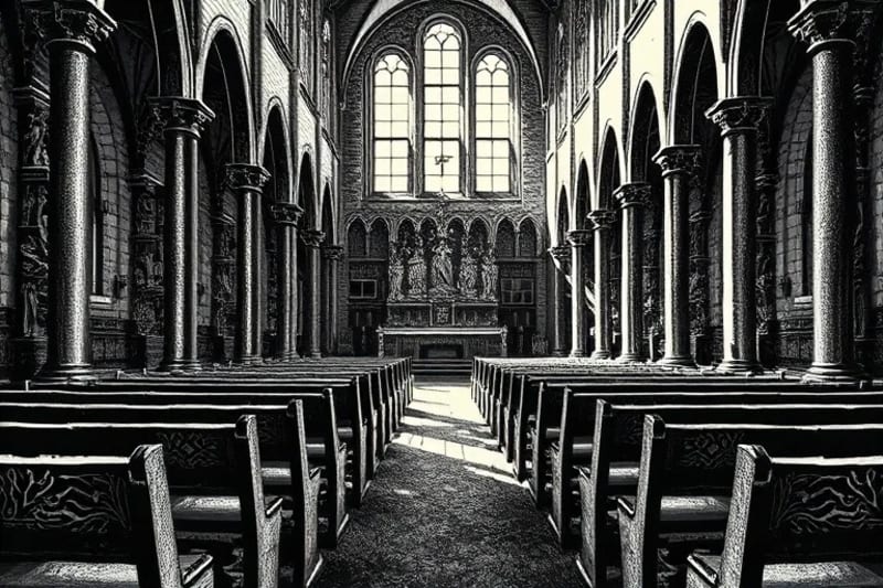Interior de una catedral antigua con luz filtrada y una llave simbólica