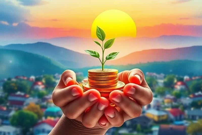 Manos sosteniendo una planta que crece de monedas digitales, simbolizando el crecimiento económico.