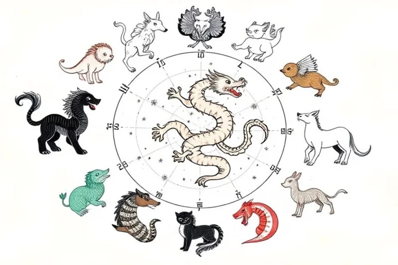 Doce animales del zodiaco chino en un círculo, con un dragón de madera central y elementos cósmicos.