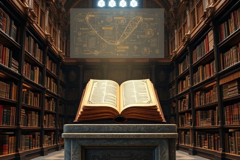 Archivos antiguos de la biblioteca del Vaticano con luz mística