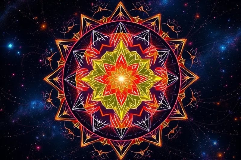 Abstract representation of human chakras connected by sound frequencies
